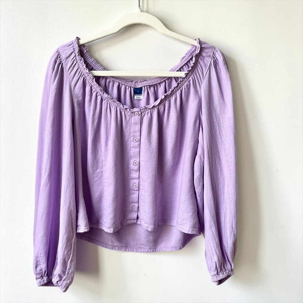 Old Navy Peasant Top Women's Large Lilac Purple Smocked Ruffles Linen Blend